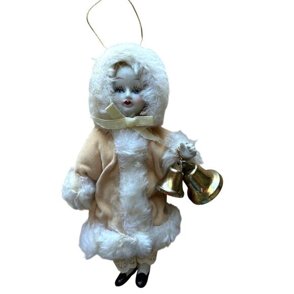 Vintage Porcelain Doll Christmas Ornament with Bells - Picture 1 of 9